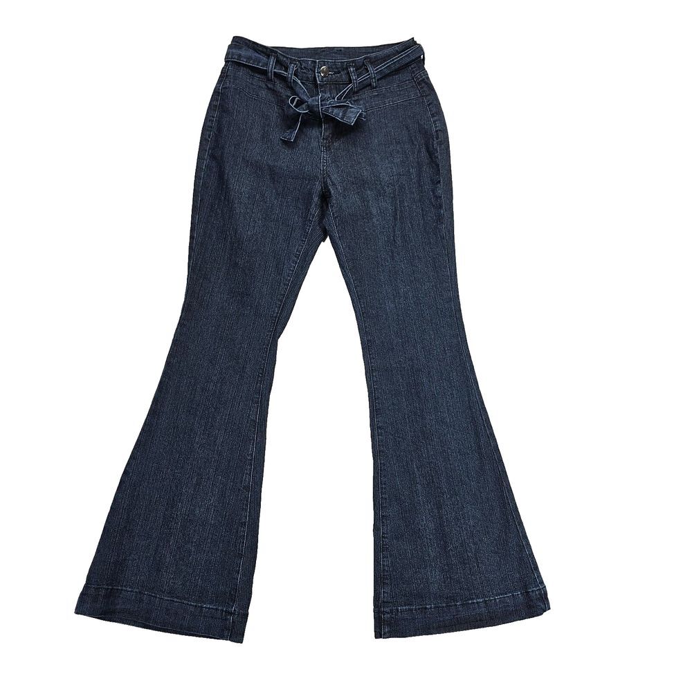 Mekool Womens Medium Flare Leg‎ Jeans High Rise Denim Belted Dark Wash Blue NWT